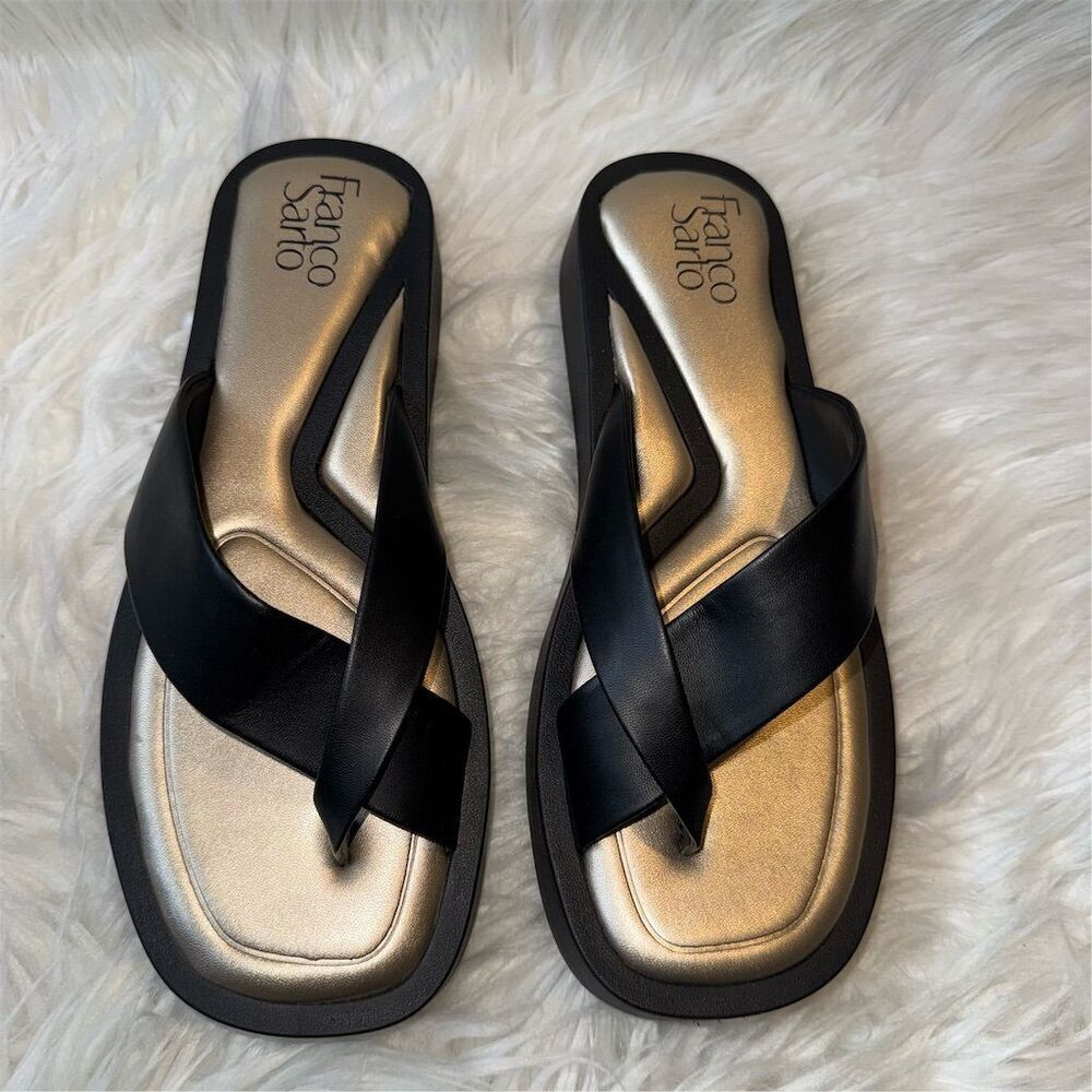 Franco Sarto Janey Women's Platform‎ Slip-On Sandals Black/Gold Size 8 Cushioned